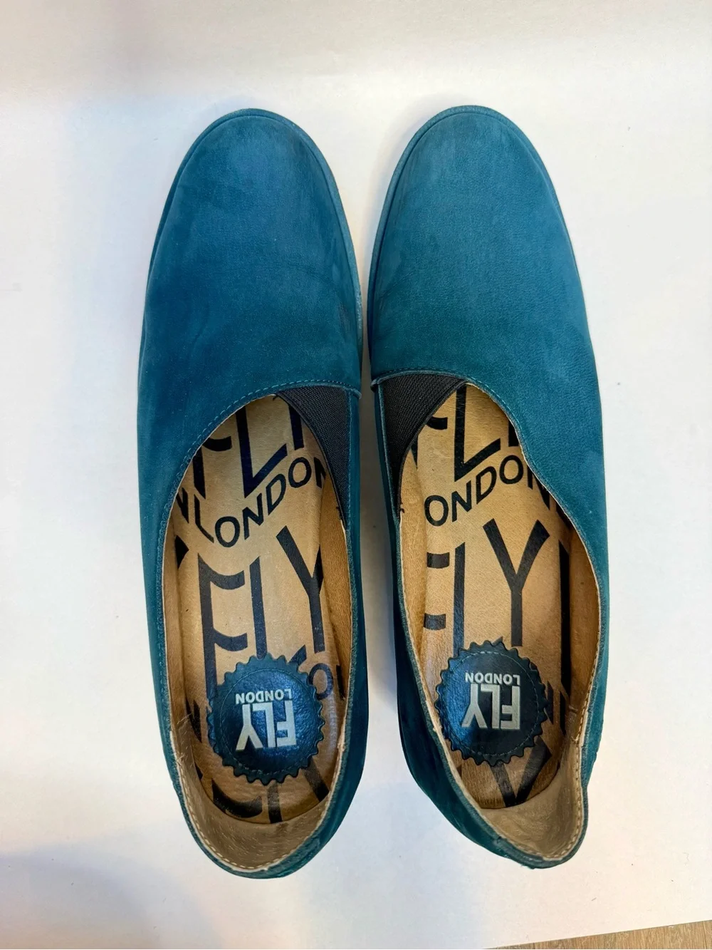 Fly London Teal Petrol Blue Wedge Slip On Shoes Elastic Gore Womens 40